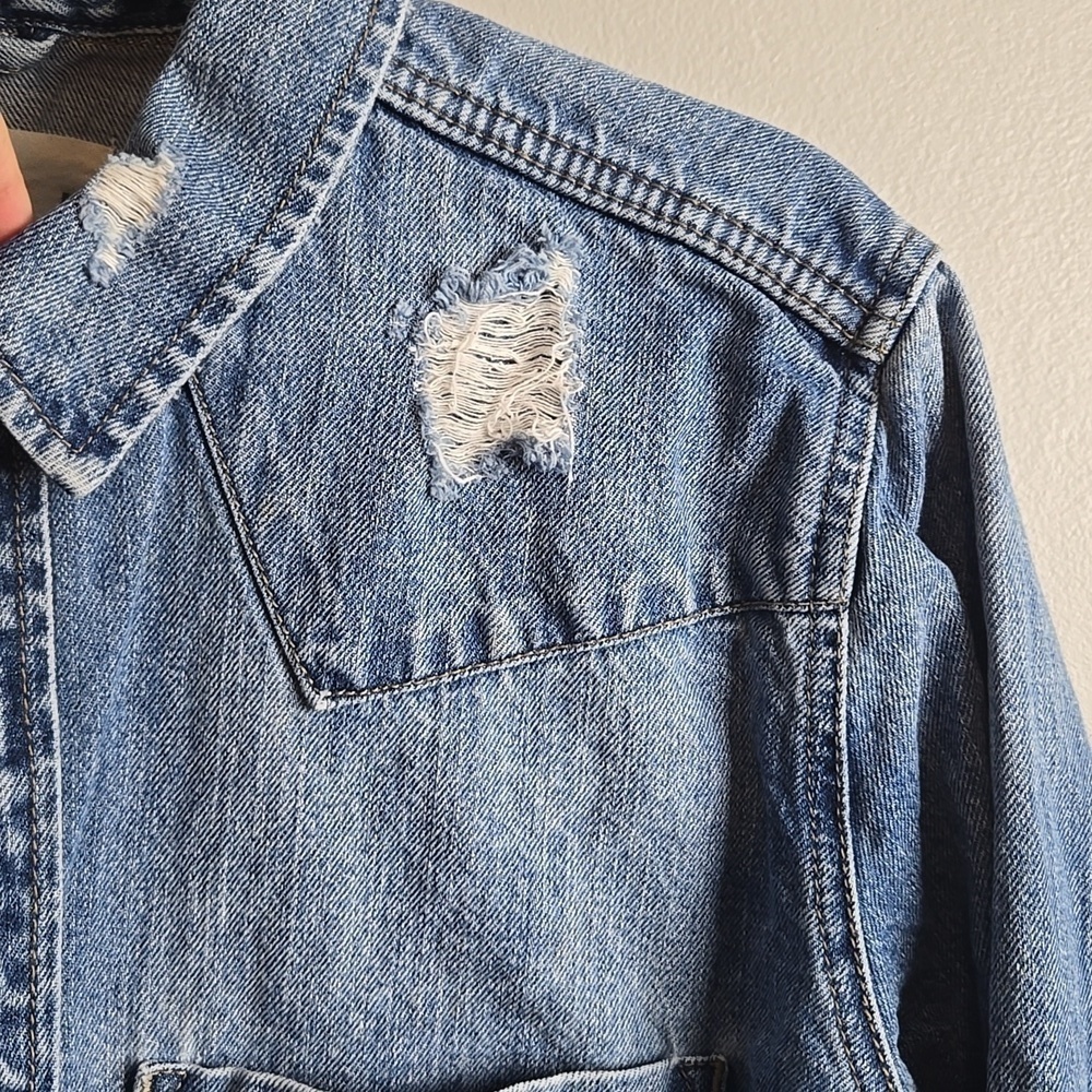 Pistola Distressed Cropped Blue Denim Jacket-Size Large - Picture 8 of 16